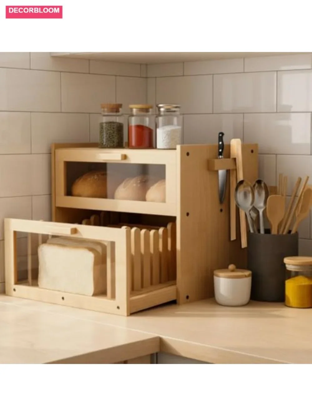 Bamboo Bread Box with Built-in Slicer Drawer & Crumb Tray - Kitchen Storage